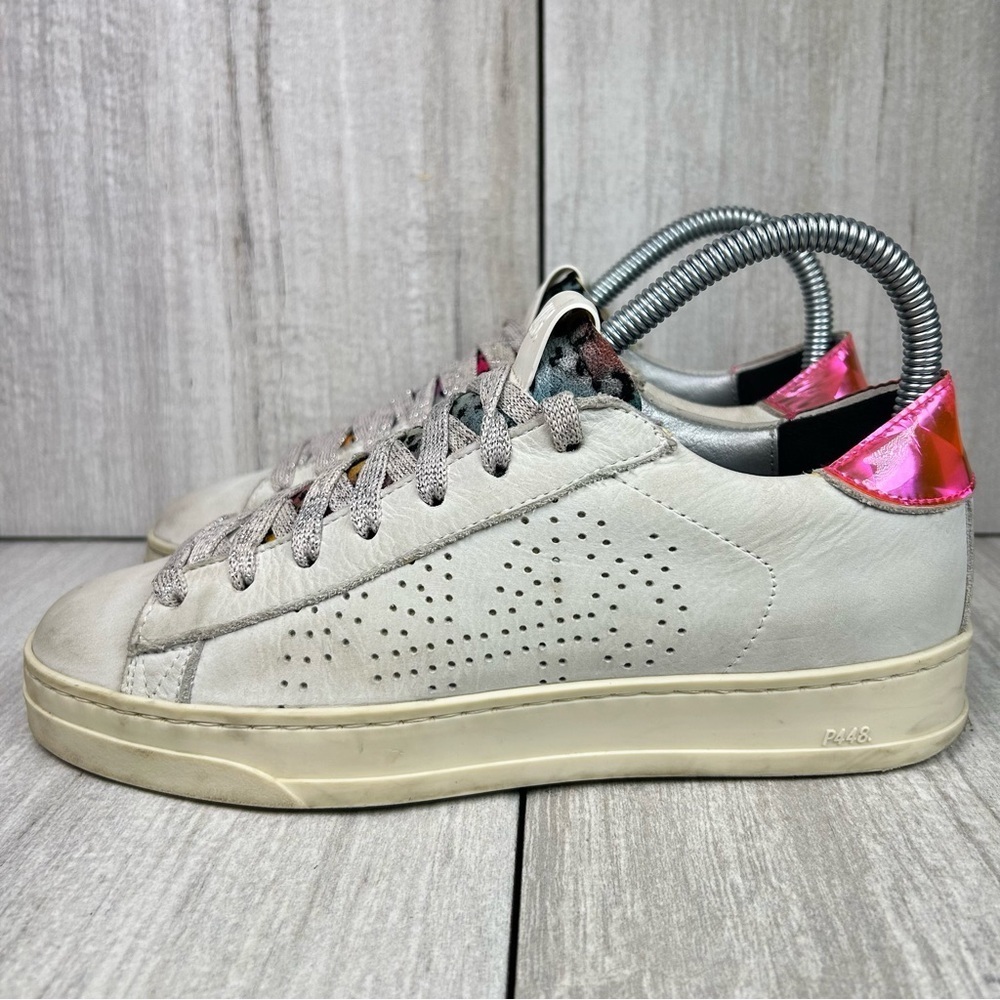 P448 Jack White Pink Leather Leopard Print Low Top Sneaker Womens Size 7 EUR 37 - Picture 3 of 12